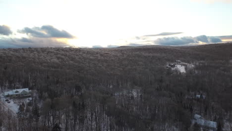 Aerial-view-of-winter-forest-with-sunset