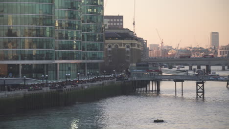 Aerial-view-of-Battleship-docked-at-harbour-of-London