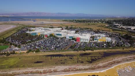 Aerial-of-facebook-headquarters-in-Menlo-Park,-San-Francisco-Bay-area,-california,-USA,-Aug-2019