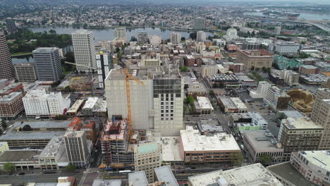 Aerial-Drone-shot-of-Oakland-buildings-and-streets,-California,-Oakland-City,-4k-footage