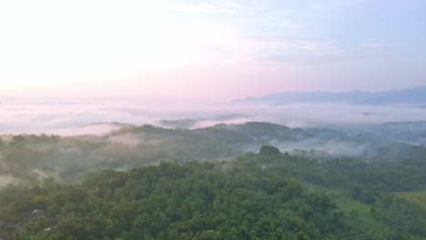 Warm-sunshine,-fog-and-forest-landscape-of-Indonesia,-aerial-view