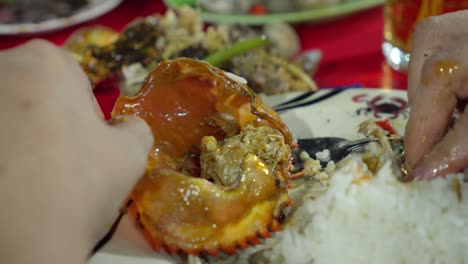 Carne-De-Cangrejo-Frita,-Salsa-Agria-Del-Sudeste-Asiático,-Plato-De-Arroz,-Comidas-Sabrosas