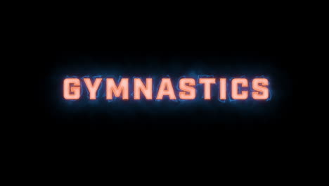 A-short-high-quality-motion-graphic-typographic-reveal-of-the-words-"gymnastics"-with-various-colour-options-on-a-black-background,-animated-in-and-animated-out-with-electric,-misty-elements