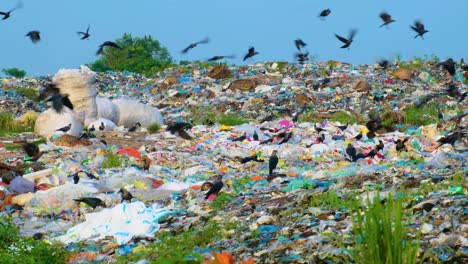 Flock-of-Hungry-Crows-Looking-for-Food-on-Scraps-In-Landfill