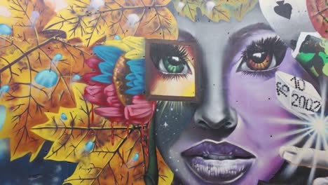 Cara-De-Mujer-Estilizada-Con-Rasgos-De-Piel-Coloridos-Y-Arte-Mural-De-Hojas-De-Arce-En-La-Comuna-13.