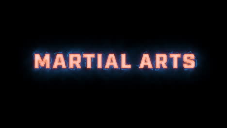 Eine-Kurze,-Hochwertige-Typografische-Animation-Des-Wortes-„Martial-Arts“-Mit-Verschiedenen-Farboptionen-Auf-Schwarzem-Hintergrund,-Ein--Und-Ausgeblendet-Mit-Elektrischen,-Nebligen-Elementen