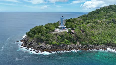 Monument-marks-most-western-point,-tourist-attractions-Indonesia,-aerial