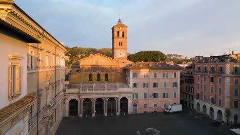 Drone-Ascends-to-Reveals-Basilica-of-Our-Lady-in-Trastevere-in-Main-Piazza