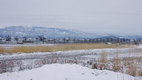 Higashine-Countryside-in-Rural-Tohoku-Region-of-Northern-Japan,-Winter-Scene