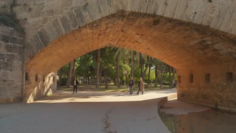 Sunlit-view-under-Puente-del-Mar,-overlooking-the-lush-Turia-Gardens-with-pedestrians