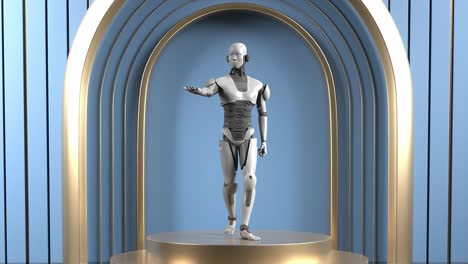 3d-rendering-animation-of-prototype-Robot-humanoid-standing-on-product-display-futuristic-society-concept-blue-background