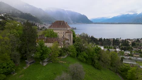 Large-castle-or-fortress-like-building-on-outskirts-of-a-European-town-and-wine-yards-by-its-side