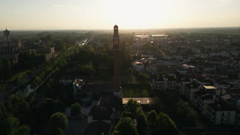 Saint-Nicholas-Catholic-Church-Bell-Tower-Against-The-Bright-Sky-In-Twilight-in-Mira,-Veneto,-Italy