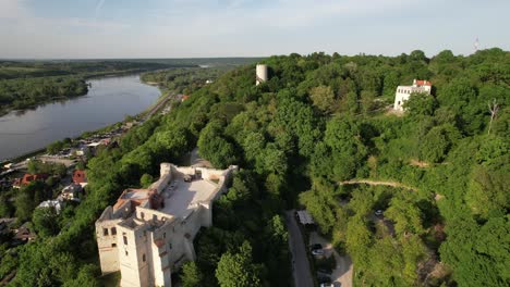 Aerial-view-of-ruins-of-a-Romanesque-castle-complex-with-viewing-terraces-and-an-observation-tower