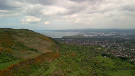 Aerial-shot-of-Cavehill,-Belfast-on-a-spring-day