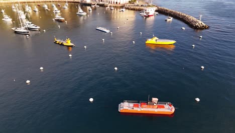 Colorful-boats-in-catalina-island's-vibrant-blue-waters-near-avalon,-aerial-view