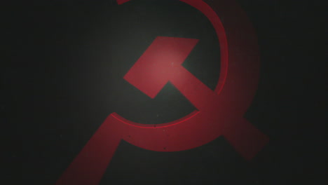 3D-red-hammer-and-sickle,-zooming-out-through-a-thick,-dirty-atmosphere,-smooth-3D-rotation,-dramatic-flickering-light,-realistic-look-and-feel,-slow-motion-CG-animation-4K,-communist-symbol
