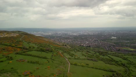 Aerial-shot-of-Cavehill,-Belfast-on-a-spring-day