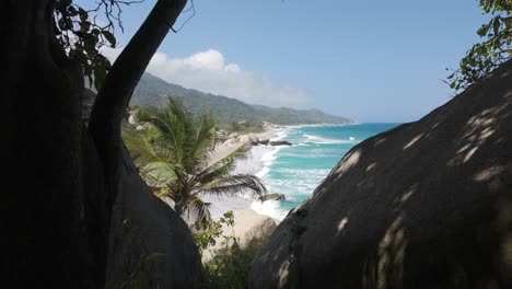 Scenic-view-over-Tayrona-National-Natural-Park-vegetation-with-turquoise-colored-water,-Colombia