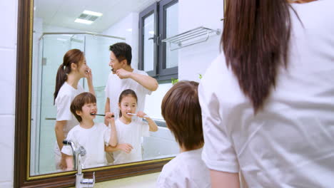 Happy-Family-And-Brushing-Washing-Teeth-In-Bathroom-For-Teaching-In-Home-With-Child,-Morning-Routine-In-Mirror,-Reflection