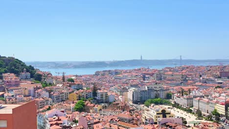 Amplia-Vista-Panorámica-De-Lisboa-Con-El-Río-Tajo-Y-El-Puente-25-De-Abril-Bajo-Un-Cielo-Despejado,-Vibrante-Paisaje-Urbano