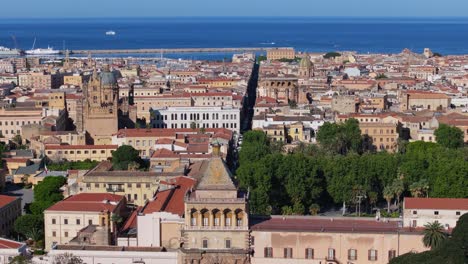 Drone-Flies-Above-Porta-Nuovo-to-Reveal-Cassaro,-Via-Vittorio-Emanuele-in-Sicily