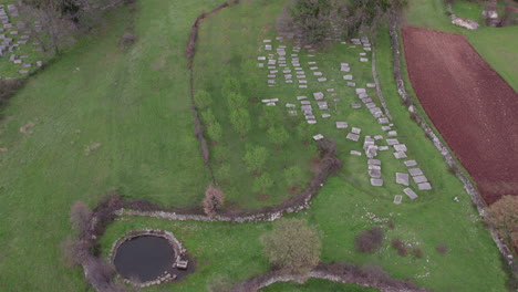 Aerial-view-of-cemetery-of-old-medieval-tombstone-Stecak