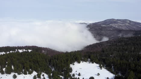 Drone-view-of-beautiful-forest-mountainside-covered-in-floating-clouds-snow-covered-mountain-peak-at-the-distance-winter-day