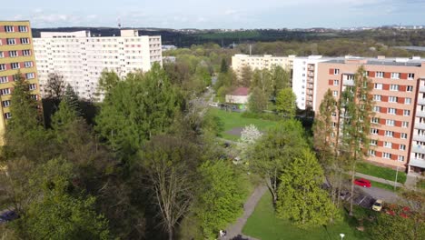 Structures-Exhibiting-Urban-Architectural-Design-in-Poruba,-Ostrava,-Czech-Republic---Aerial-Drone-Shot