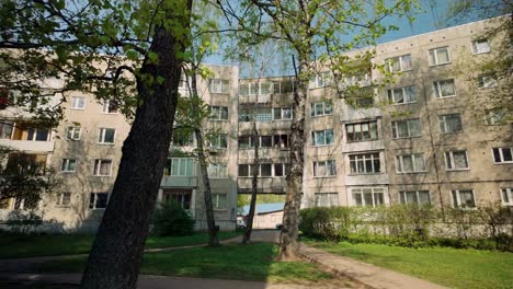 Green-suburb-70's-residential-area-architecture-Soviet-apartment-blocks