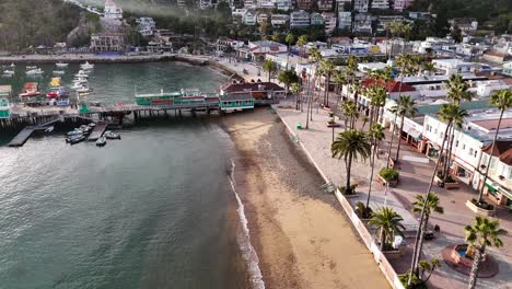 Avalon,-Isla-Catalina-Que-Muestra-La-Playa,-La-Vibrante-Ciudad-Y-El-Puerto-Deportivo-Durante-El-Día,-Vista-Aérea