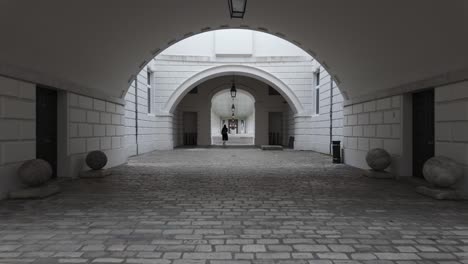 POV-Walking-Underneath-Archway-At-Queen's-House-in-Greenwich