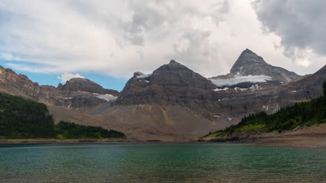 Timelapse,-Clouds-Above-Mount-Assiniboine-and-Magog-Lake,-Scenic-Landscape-of-Canada