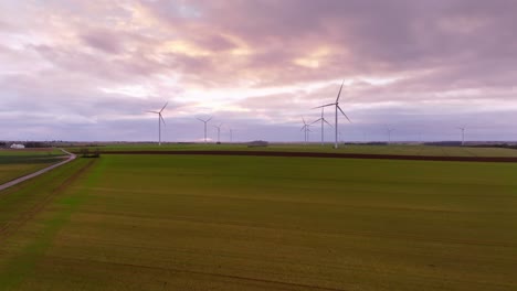 Large-drone-view-of-a-field-of-wind-turbines-France