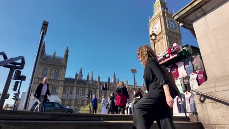 Pedestrians-leisurely-Walky-By-Steps-Leading-To-Westminster-Bridge-With-Houses-of-Parliament-Along-With-Big-Ben-In-Background-On-Sunny-Morning