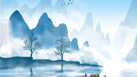 China's-traditional-Oriental-Digital-Art-Animation,-Chinese-painting-ink-in-mountain-with-flowers,-tree,-birds,-river-in-fog-background-artwork