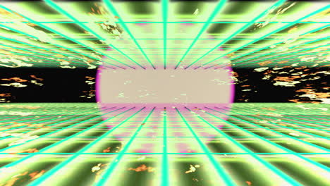 Neonrosa-grünes-Vaporwave-Perspektivraster-Auf-Retro-Hintergrund,-3D-Animation-In-Endlosschleife