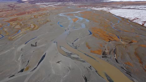 River-stream-in-muddy-brown-plains-with-silt-and-glacial-snow,-Iceland