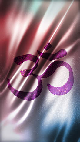 Purple-OM-symbol-on-glossy-glitter-white-background,-front-view,-vertical-full-frame,-elegant-silky-texture,-waving-in-the-wind,-movie-like-look,-realistic-4K-CG-animation,-sleek,-seamless-loop-able