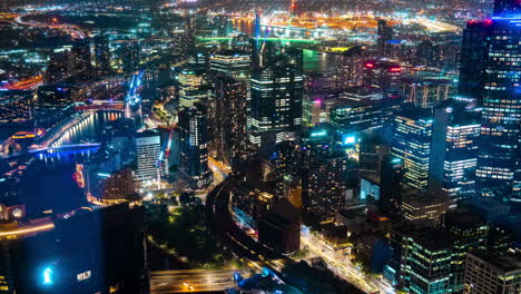 Timelapse,-Melbourne-Australia-Downtown-at-Night,-Flashy-Colors,-Buildings-and-Buzzing-Traffic