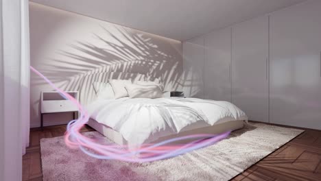 Modernes-Apartment-Schlafzimmer-Mit-Schatten,-Pflanzenbaum-An-Der-Wand-In-3D-Rendering-Animation-Mit-Fließender-Energie