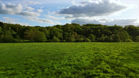 Drone-flying-over-meadows-and-river-in-French-green-countryside,-Nouvelle-Aquitaine-in-France