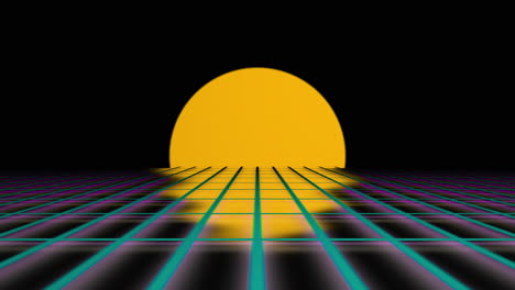 Retro-gelbe-Sonne-Auf-Perspektivischem-Gitter-Cyber-schwarzem-Hintergrund,-Futuristische-Grafik,-Vaporwave-Stil