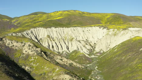 Aerial-Panoramic-of-Geological-creek-formation-in-Carrizo-Plains-Green-Foothill-landscape,-grassland-in-California