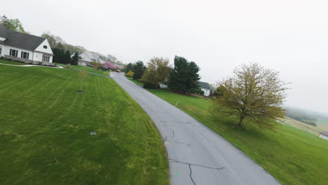 Fpv-flight-over-rural-american-neighborhood-with-villas-and-blooming-pink-trees