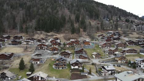 Hill-side-covered-with-mountain-chalets-and-ski-lift-gondola-running-in-between