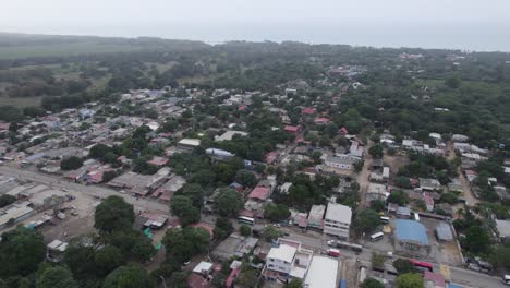 Aerial-establishing-shot-of-Palomino-village-in-the-Caribbean-Coast,-Orbiting-shot
