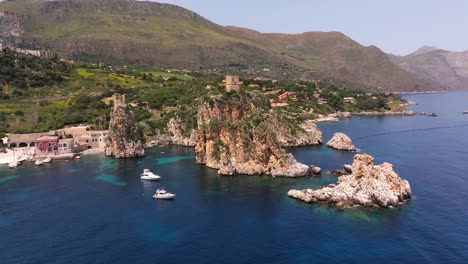 Scopello-Stacks-in-Trapani---Aerial-View-of-Famous-Rocks-in-Sicily,-Italy