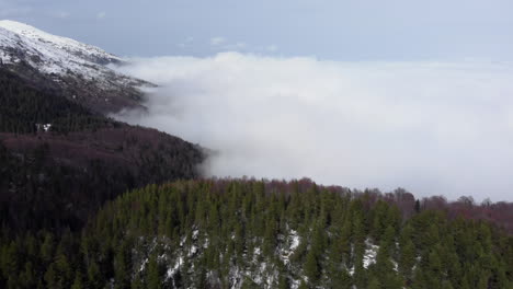 Drone-view-of-beautiful-mountainside-forest-slopes-covered-in-foggy-clouds-snow-covered-mountain-peak-at-the-distance-winter-day