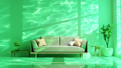 Vertikale-Innenarchitektur-Moderner-Wohnung-Wohnzimmer-Flüssige-Psychedelische-Wand-3D-Rendering-Animation-Smart-Home-Grünes-Tageslicht